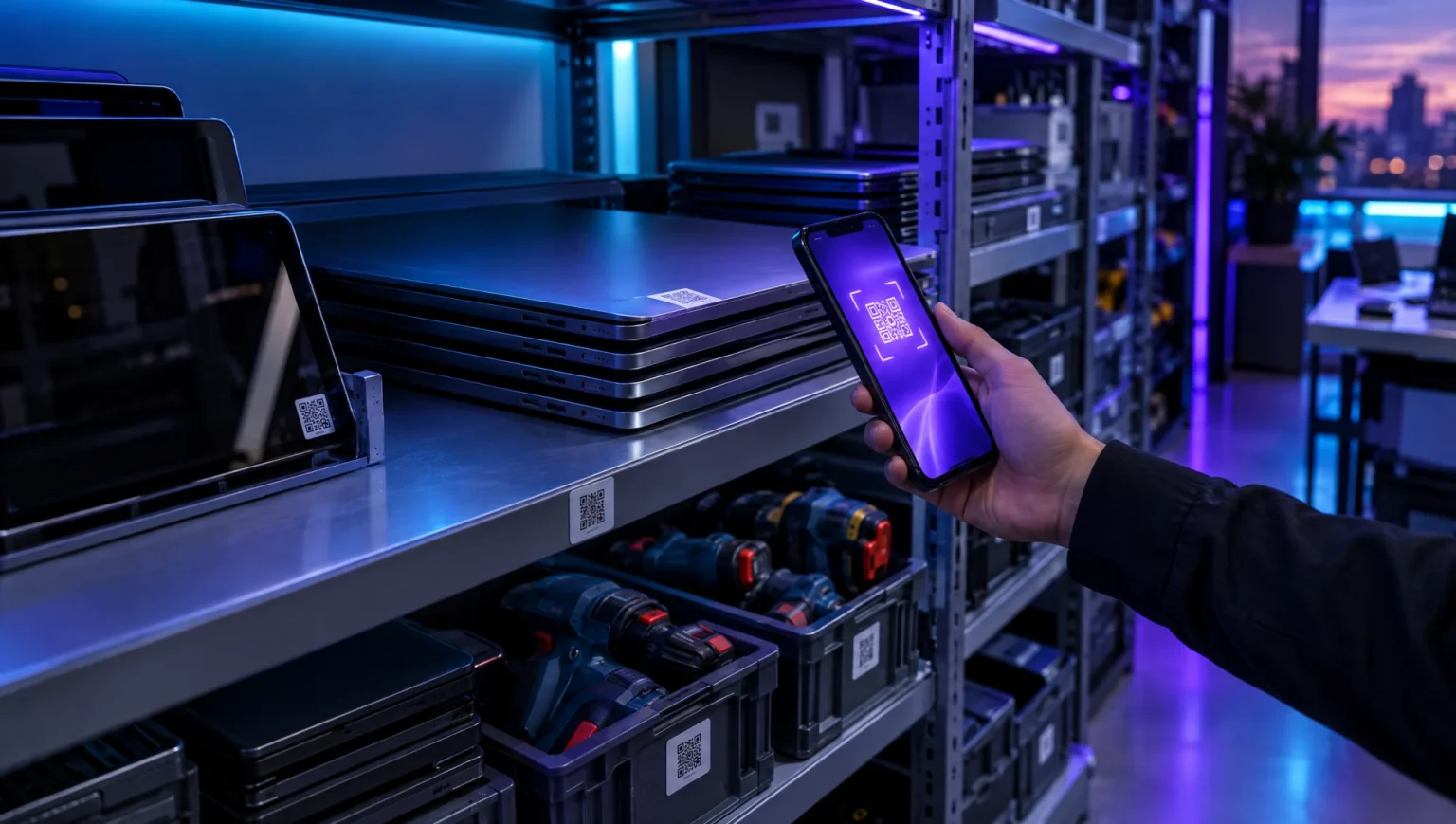 IT store room with QR-labelled laptops and tools, one being scanned with a phone