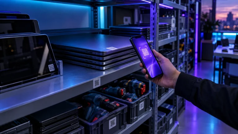 IT store room with QR-labelled laptops and tools, one being scanned with a phone