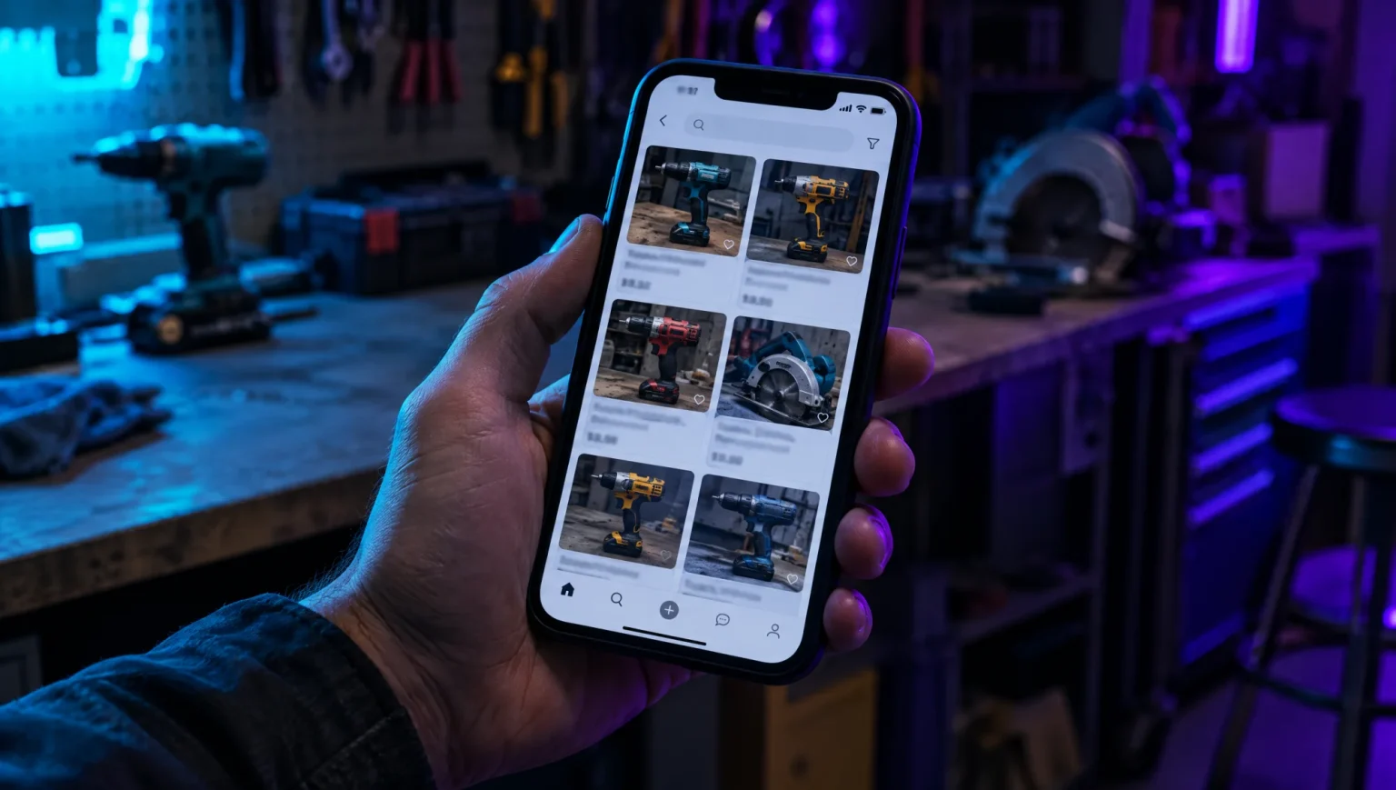 Tradesperson browsing second-hand power tool listings on a phone in a workshop