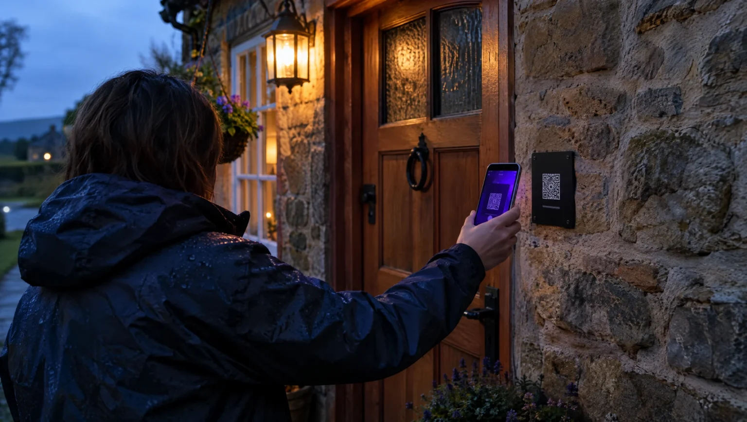 Neighbour scanning a QR code plaque beside a holiday cottage door at dusk