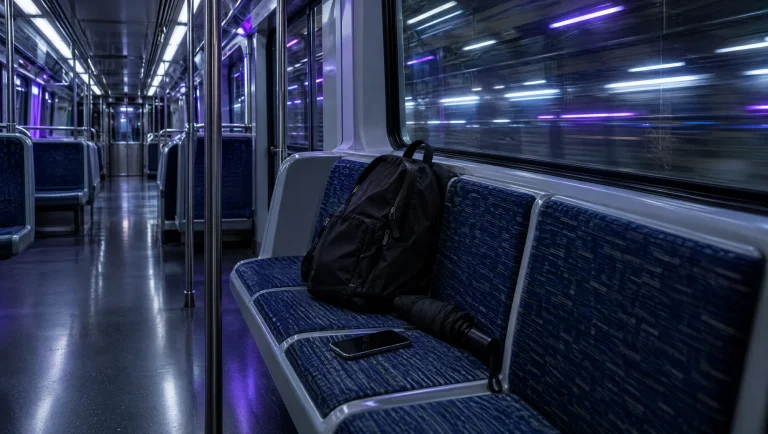 A backpack, umbrella and phone left behind on a seat in an empty underground train carriage