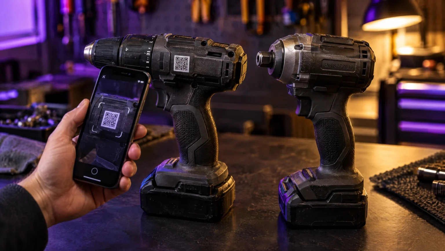 Cordless drill with an engraved serial number and a QR tag