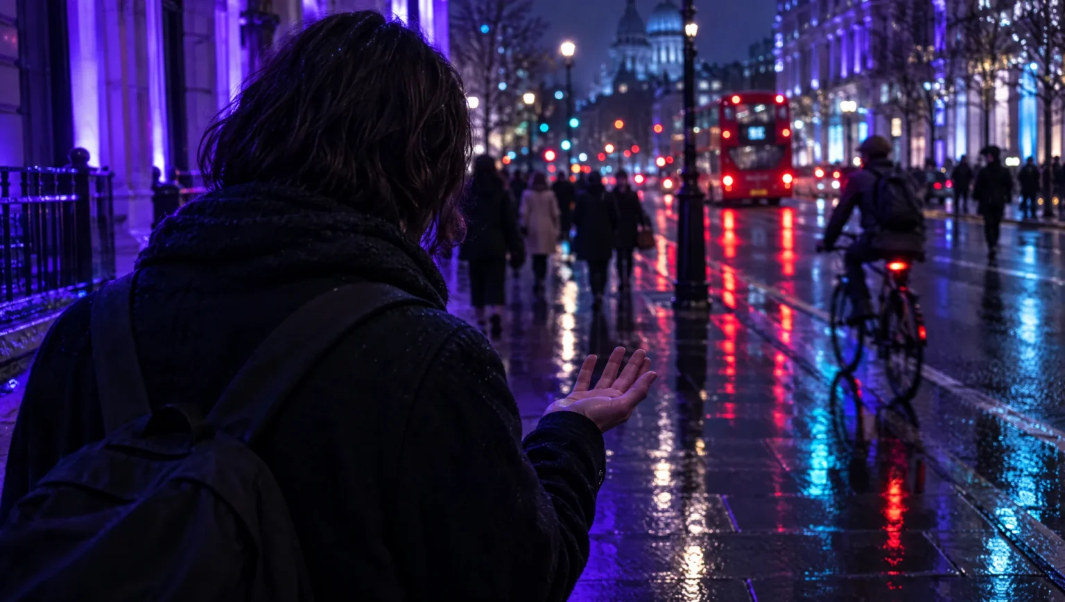 Person on a wet city street at night looking at an empty hand after a phone snatch