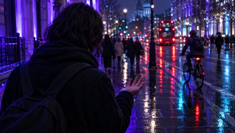 Person on a wet city street at night looking at an empty hand after a phone snatch