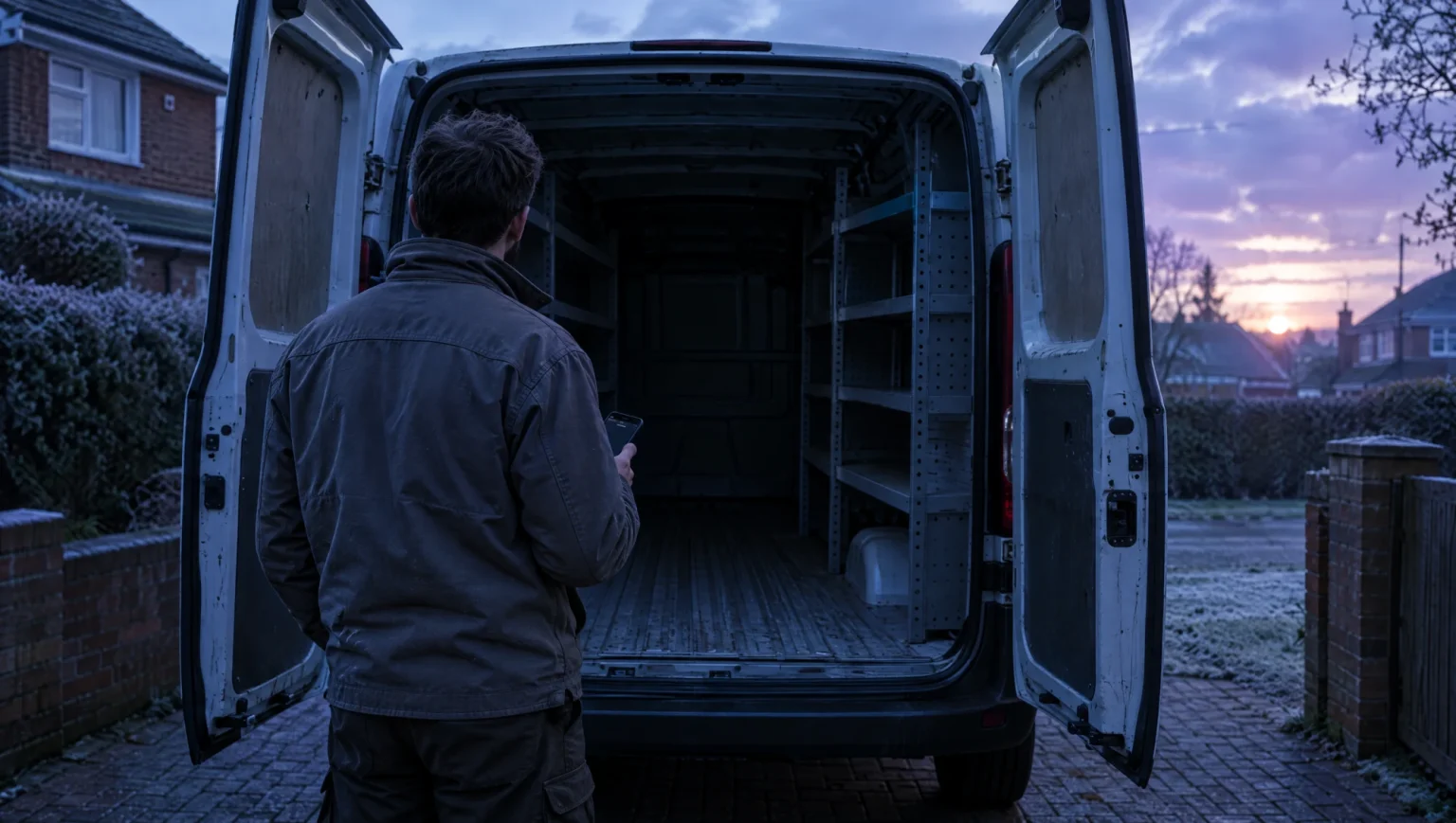 Tradesperson standing at an open, empty van at dawn after a tool theft