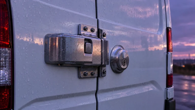 A slam lock and high-security deadlock fitted to the rear door of a white van