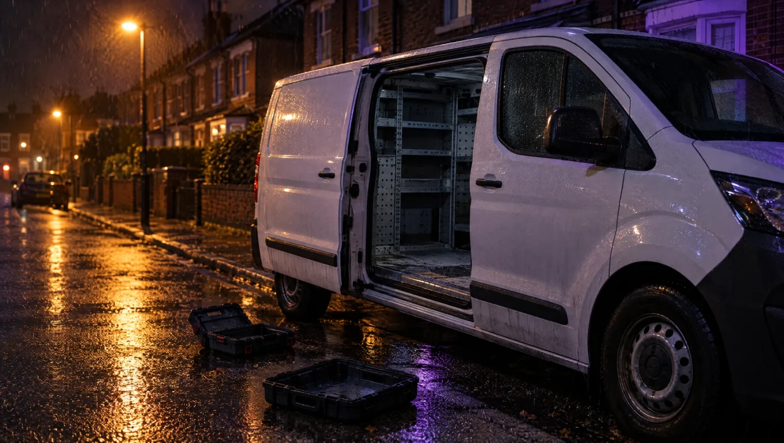 A white van on a dark residential street with its side door forced open and the tool racking emptied