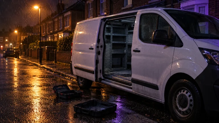 A white van on a dark residential street with its side door forced open and the tool racking emptied