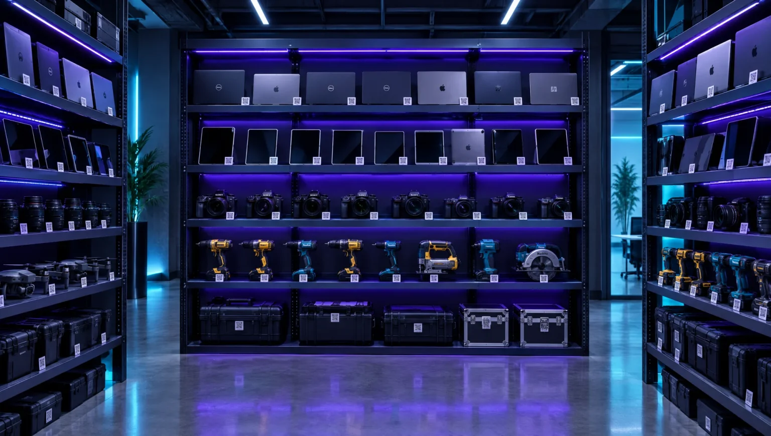 Shelves of laptops, cameras and power tools, each with a QR asset tag