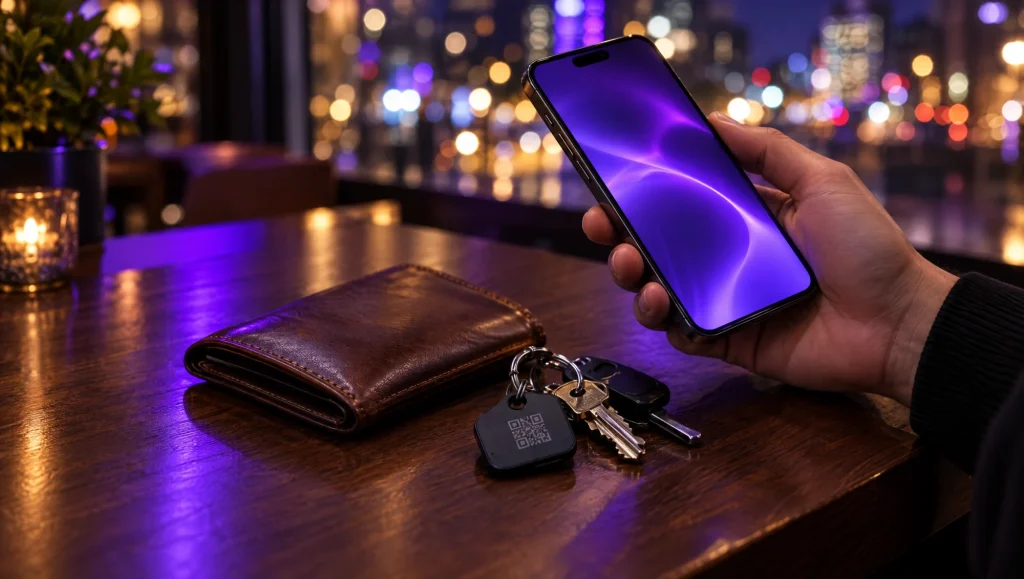 Someone holds a phone over a lost wallet and keys with a QR tag on a café table