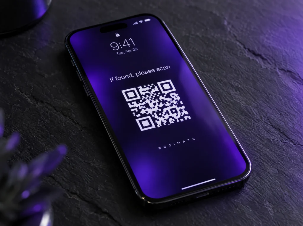 A phone lock screen showing a Regimate QR code and the words If found, please scan