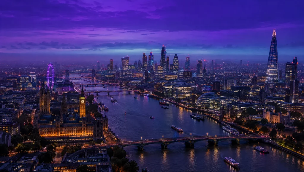 The London skyline and the River Thames at dusk
