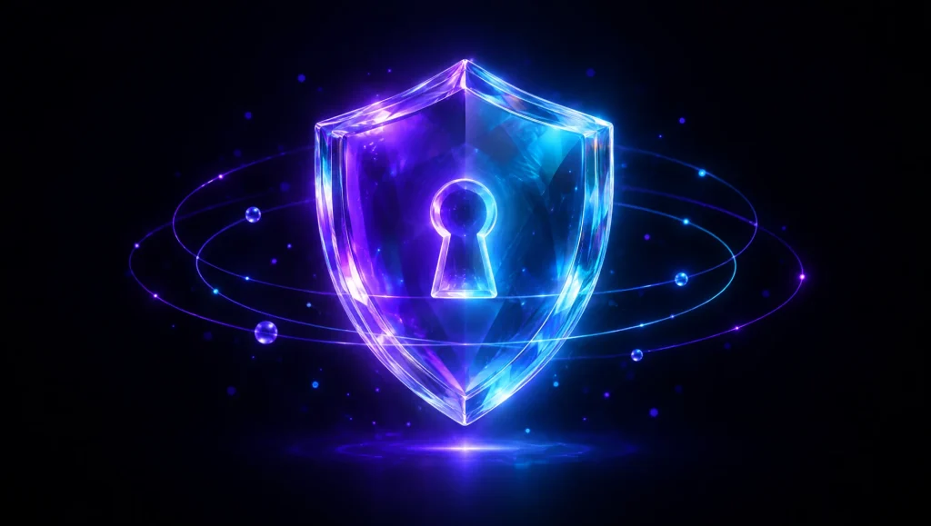 An abstract violet and cyan shield made of light over a dark grid