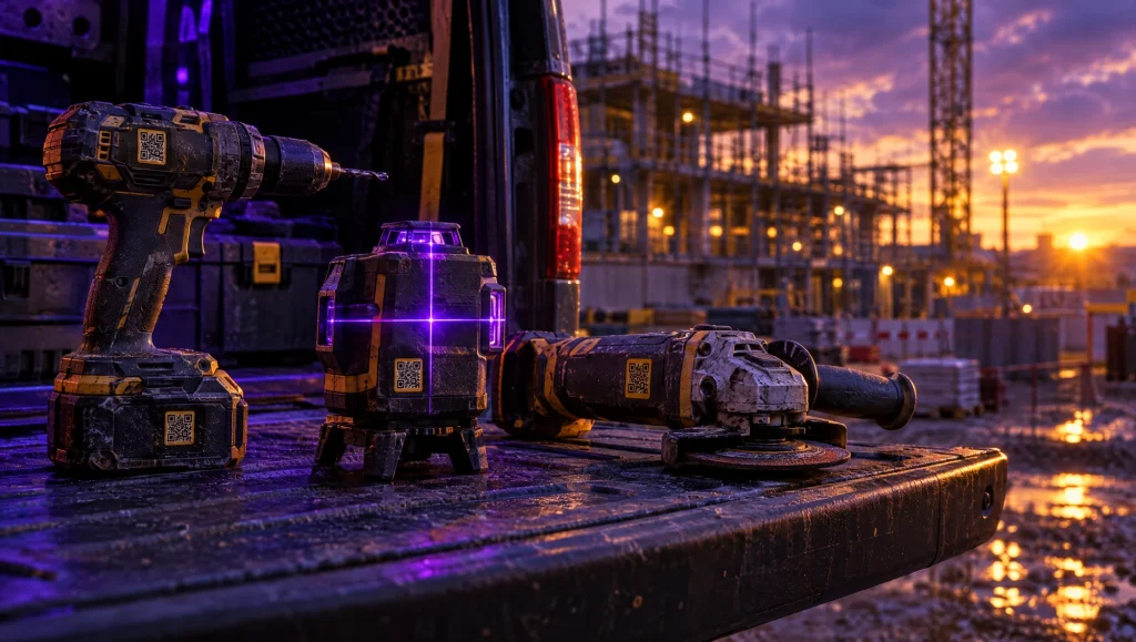 Power tools with QR asset stickers on the tailgate of a van at a construction site